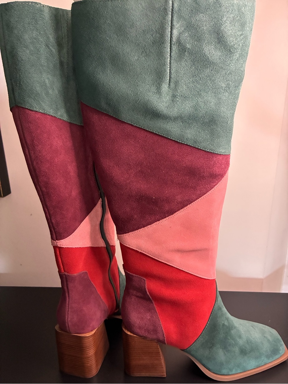 Chelsea & Violet Multicolor Suede Block Heel Boots - Green/Red/Pink